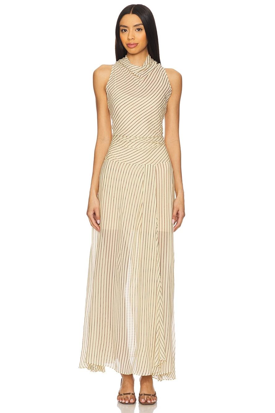 Bec + Bridge Anise High Neck Dress in Butter & Plum Strip